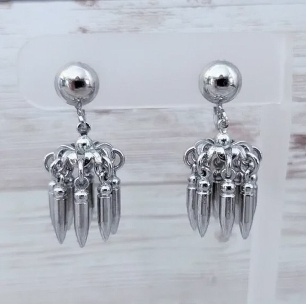 Vintage Screw On Earrings Silver Tone 3D Dangle Very Large Just Over 1.5"
